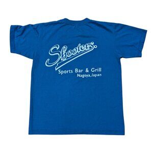 Vintage 90s Shooters Bar and Grill Nagoya Japan Shirt Soft Blue Two Sided Sz S